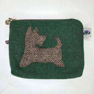 Harris Tweed Green Wool Scottie Dog Pouch Zippered Cosmetic Bag Thistle Charm